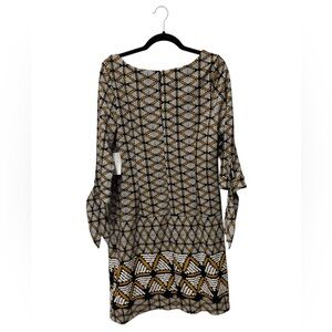 Black and Tan Sheath Dress with Bell Sleeves and Crew Neck